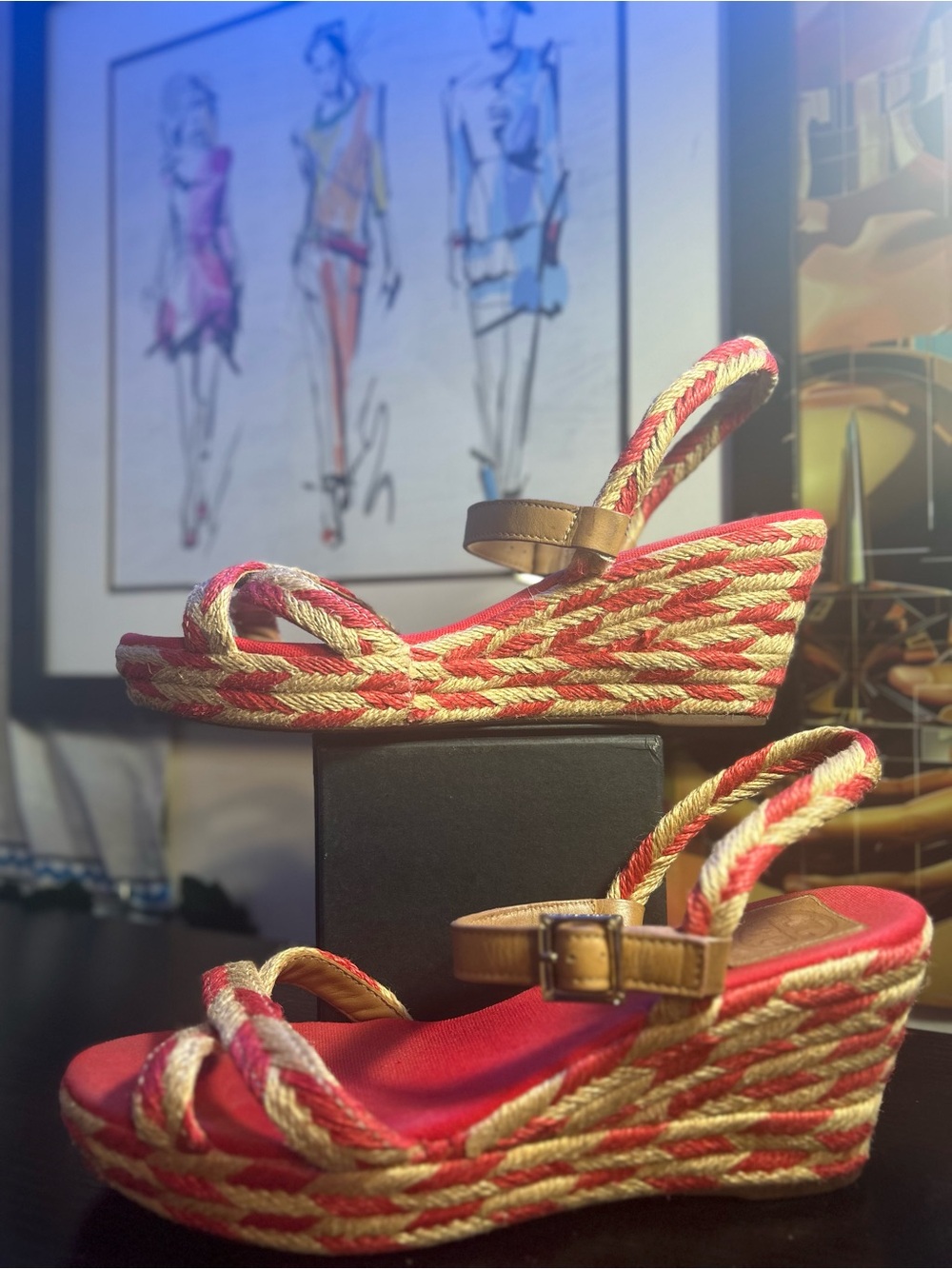 Tory Burch Red/Pink and Tan Camelia Espadrille Wedge Sandals - Picture 2 of 10